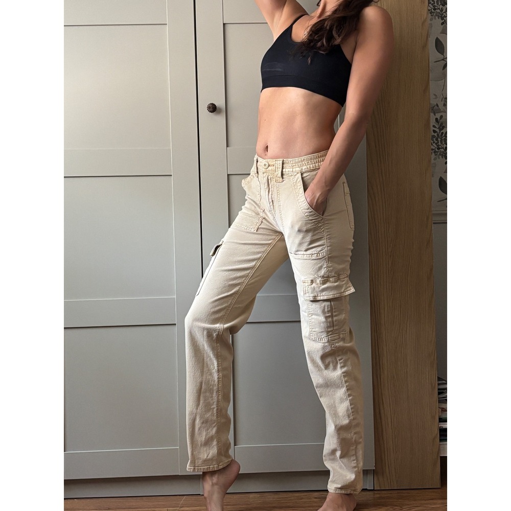 American Eagle Tan Khaki Stretch Cargo Pants Straight Leg Utility Women 26